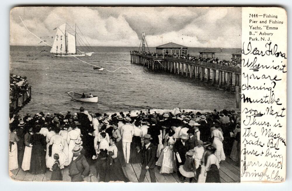 Vintage Asbury Park NJ Fishing Pier & Yacht "Emma B." 1906 Postcard